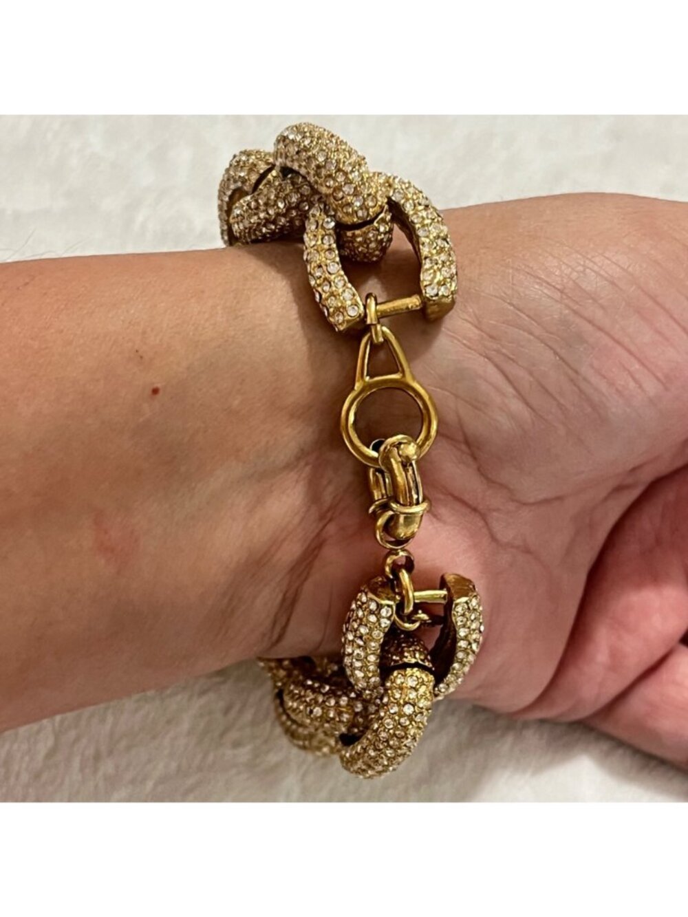 J.Crew Gold Tone Chunky Crystal Pave Jumbo Link Bracelet Vintage Style - Picture 6 of 7